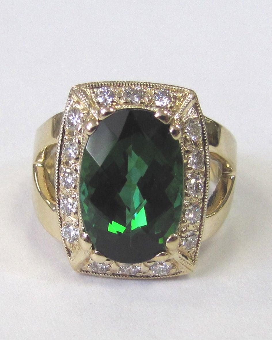 Carved Oval Green Tourmaline Diamond Halo Ring – SouthMiamiJewelers