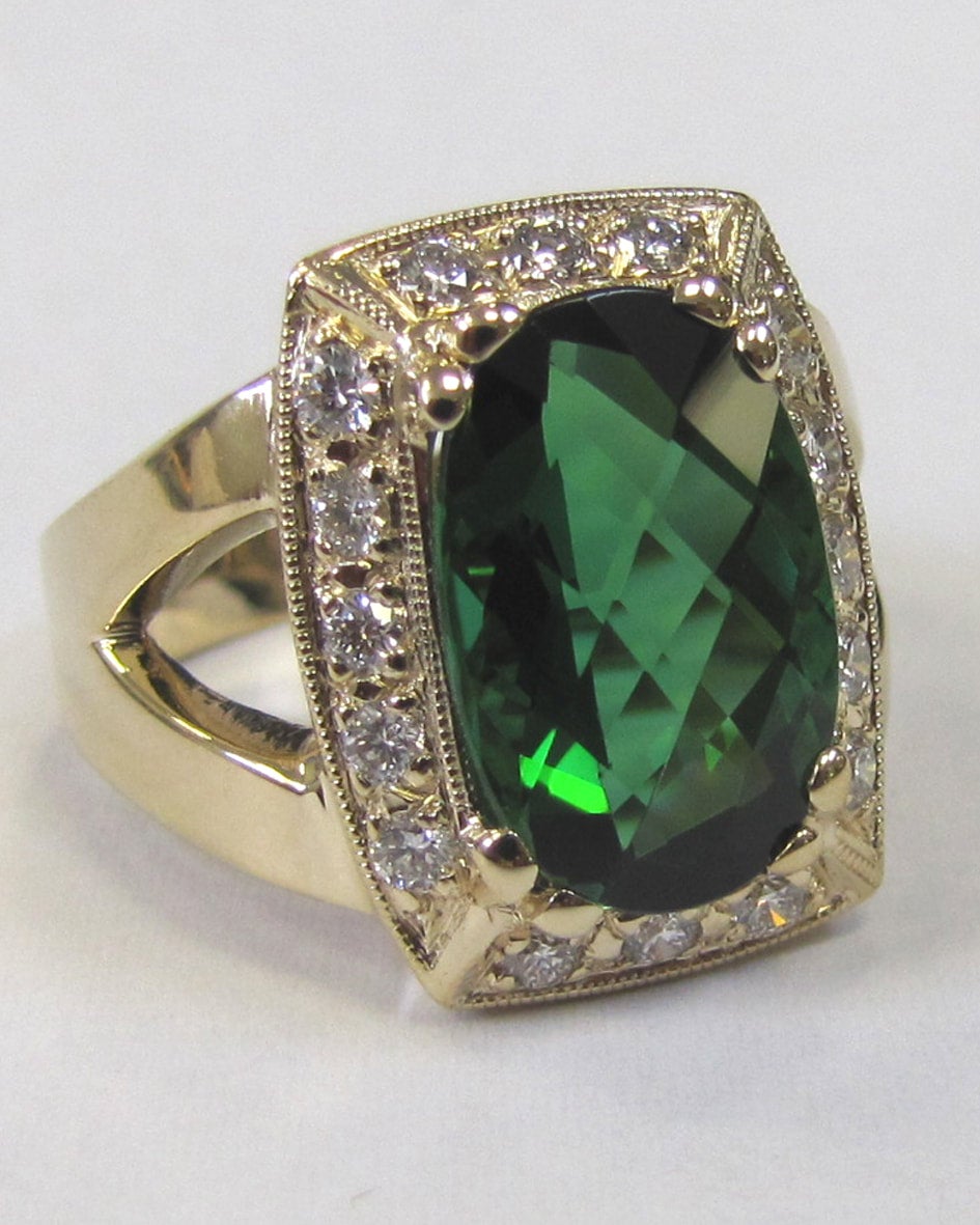 Green Tourmaline Platinum and Diamond Cocktail Ring